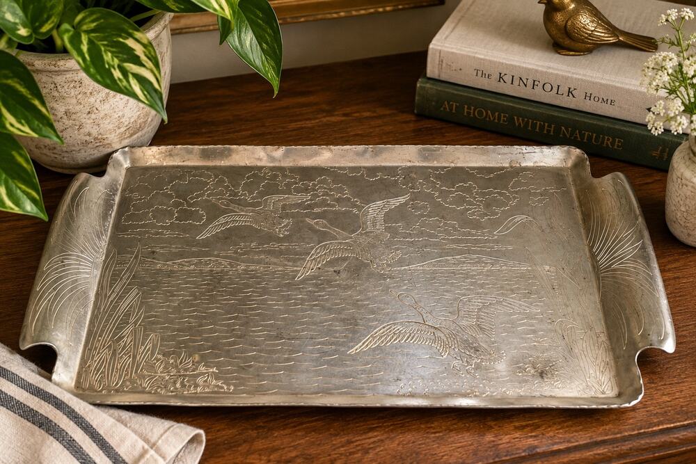 VTG 
Aluminum Serving Tray Embossed Flying Cranes Birds Marsh Scene Handles 17”